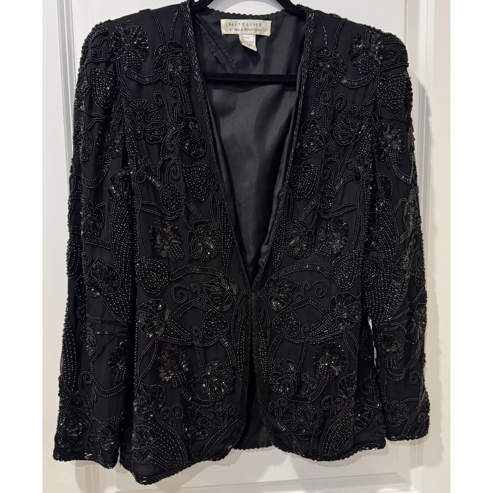 Vintage Niteline by Della Roufogali Black Beaded Silk Jacket Blazer Women's S